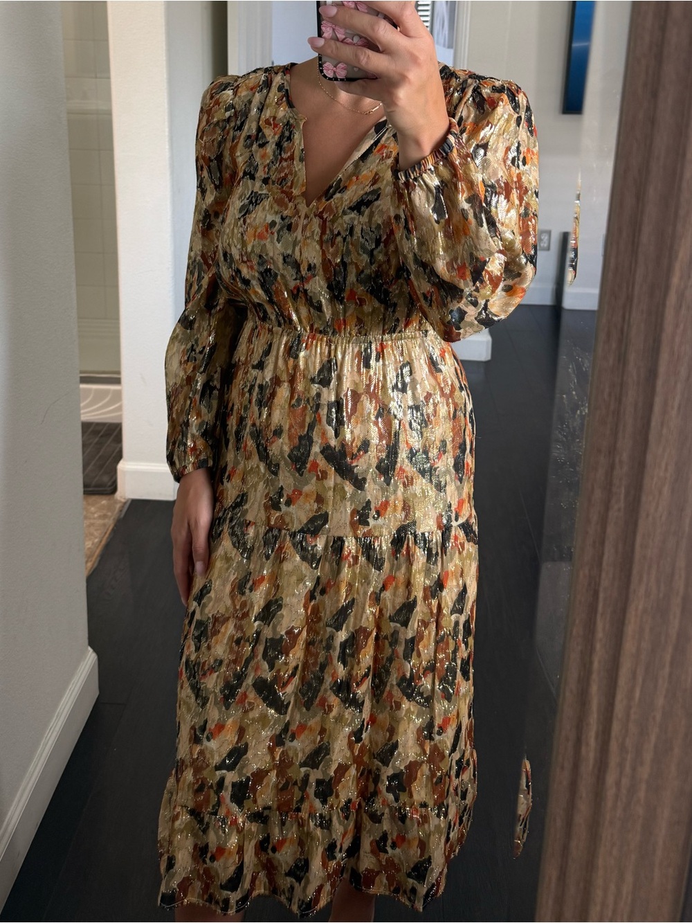 ba&sh Floral-Print Beige and Black Long-Sleeve Midi Dress